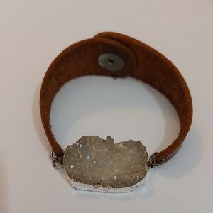 Raw White Druzy Crystal Centerpiece Genuine Brown Leather Cuff Wrap Bracelet